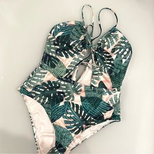 LA Hearts Cinched Front Tie Up Cutouts Tropical Print One Piece Swimsuit